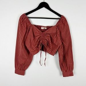Levi's Red Gingham Puff Sleeve Cropped Blouse Size Medium Plaid Earth Red